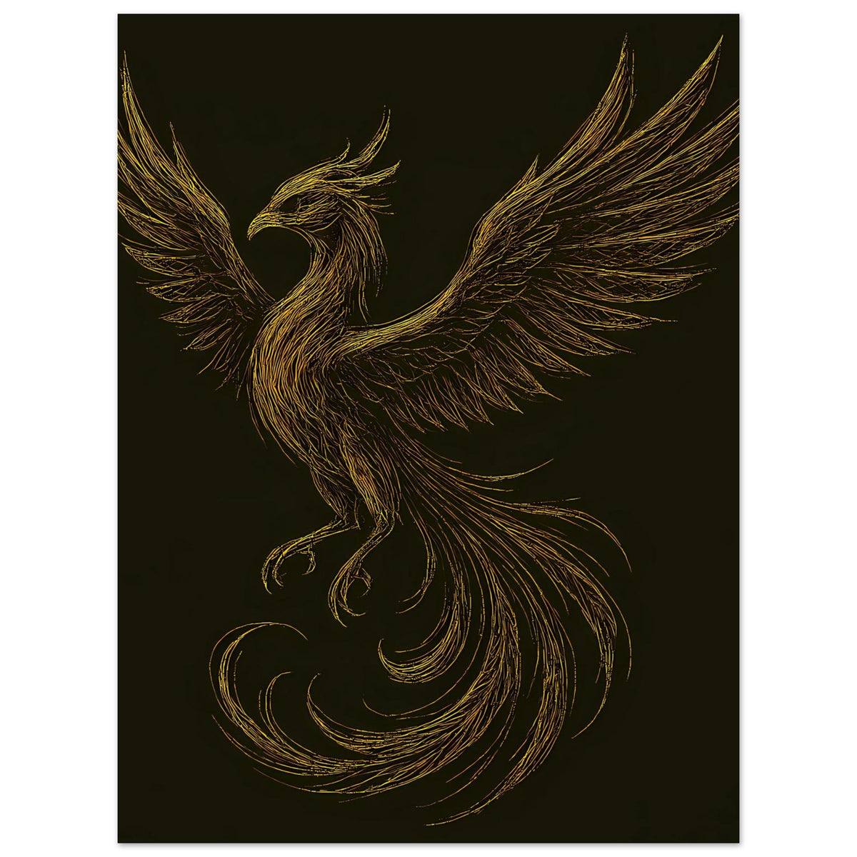 Poster mit goldenem Phönix, ausgebreiteten Flügeln, zentral auf dunklem Hintergrund