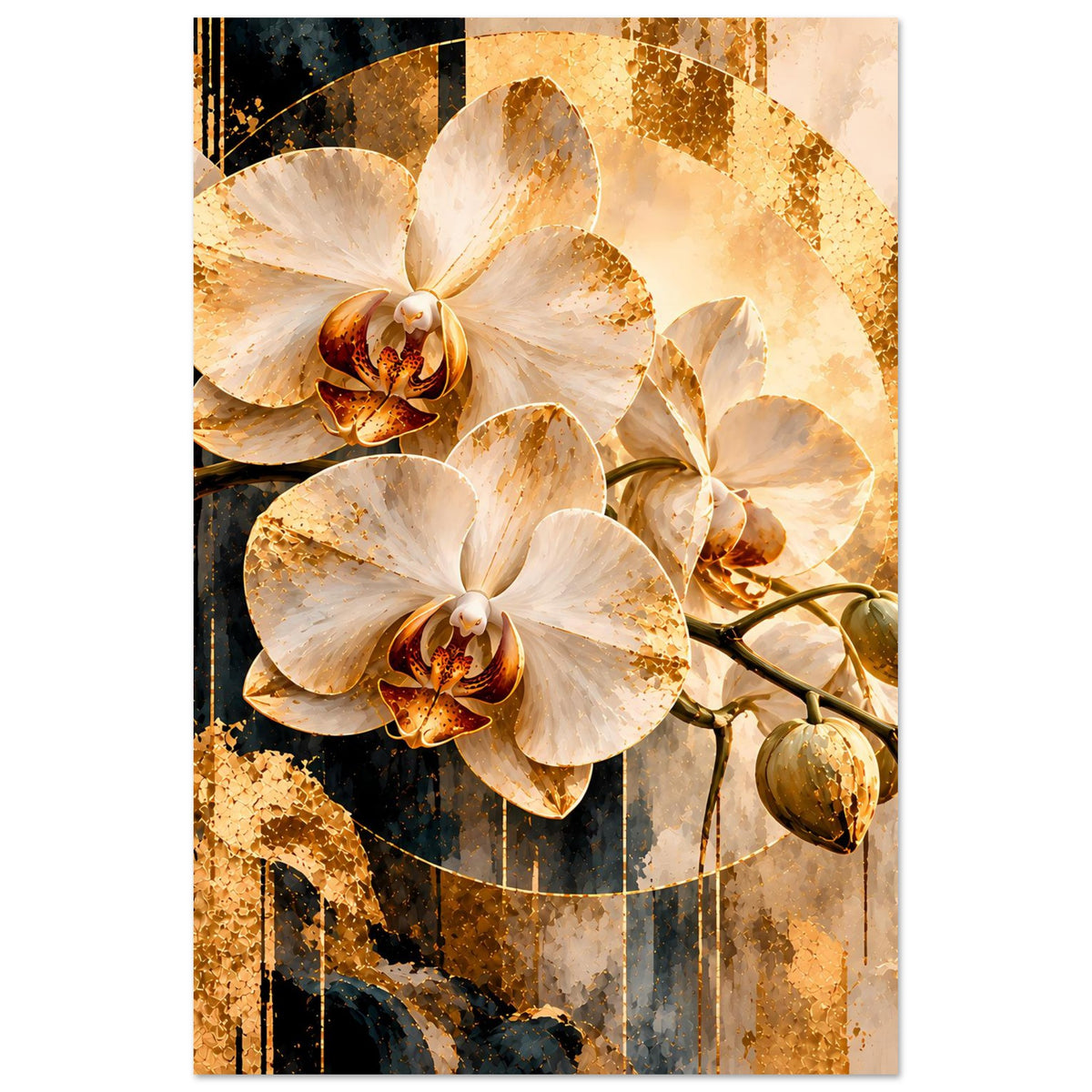 Wandposter im Hochformat mit weißen Orchideen, goldfarbenem Muster und warmen Cremetönen