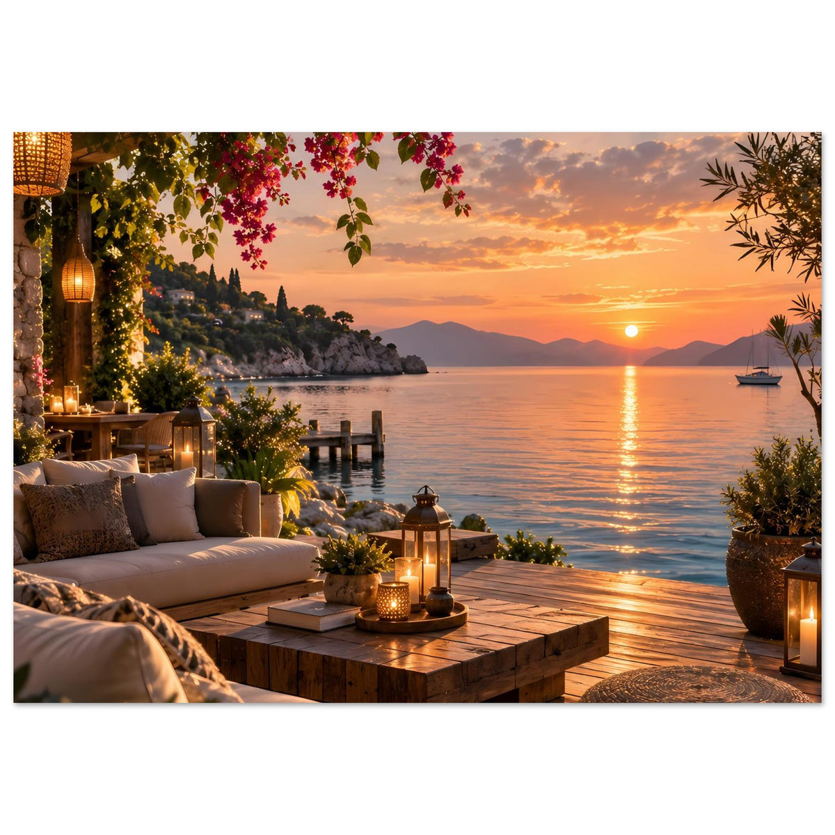 Poster mit Küstenterrasse: weißes Sofa, Holztisch mit Laternen und Blumen über dem Bereich