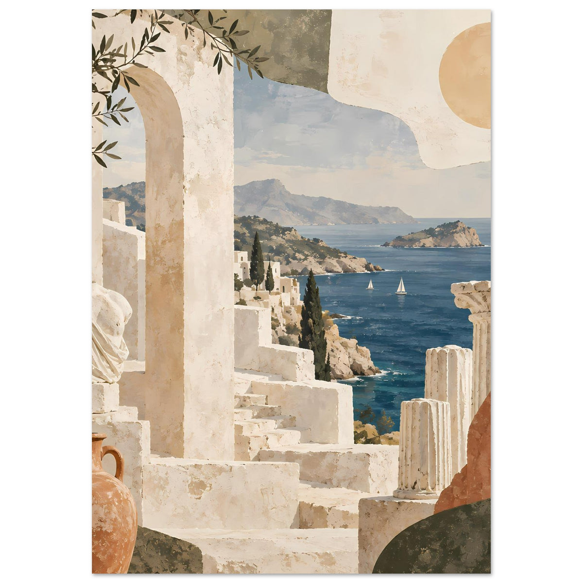 Urlaubs-Poster: Küstenlandschaft mit Stufen, Säulen und Booten; Rundbogen rechts