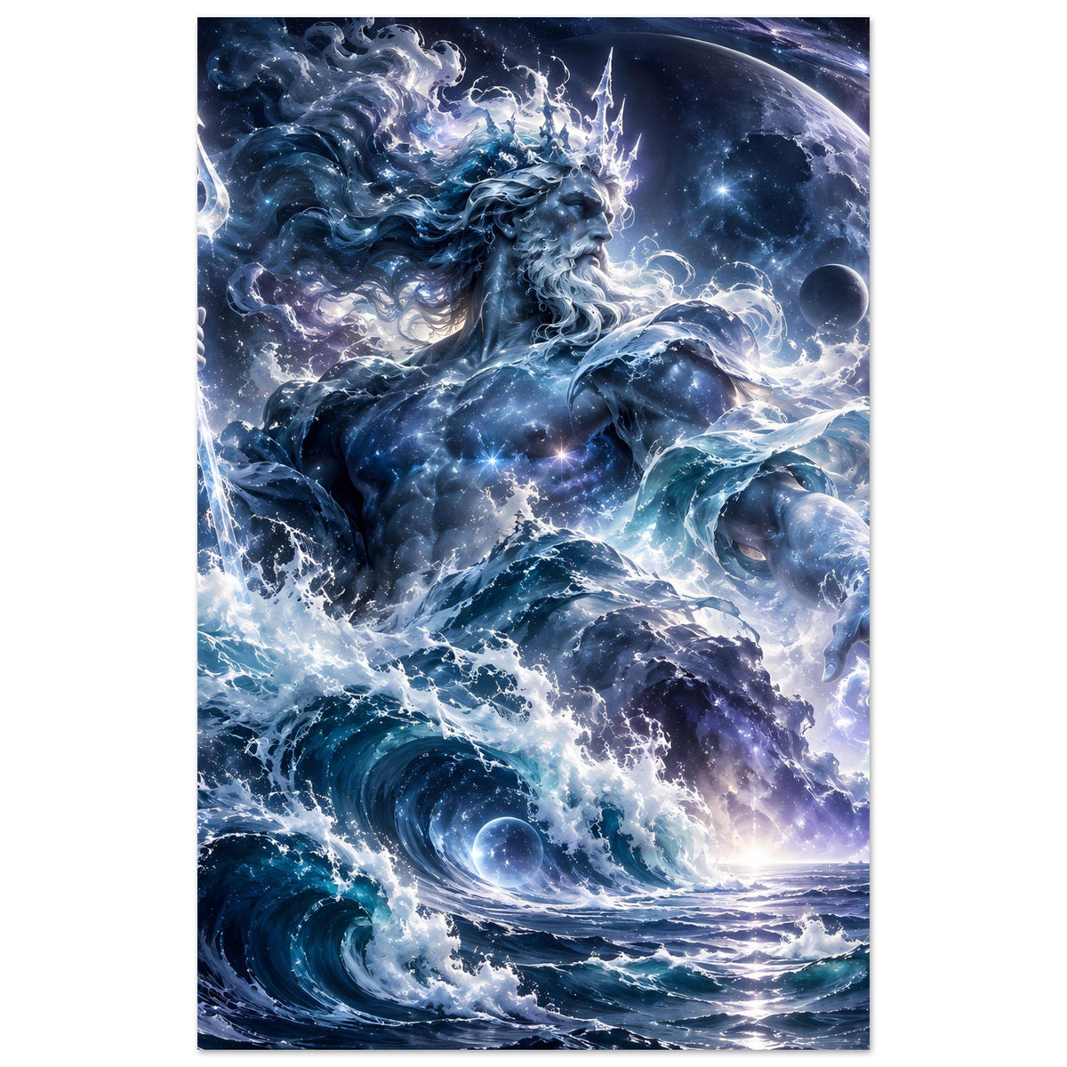 Ozean-Gott Poster im Hochformat mit großen Wellen, Delfin-/Schildkrötenformen und Sterneneffekt.