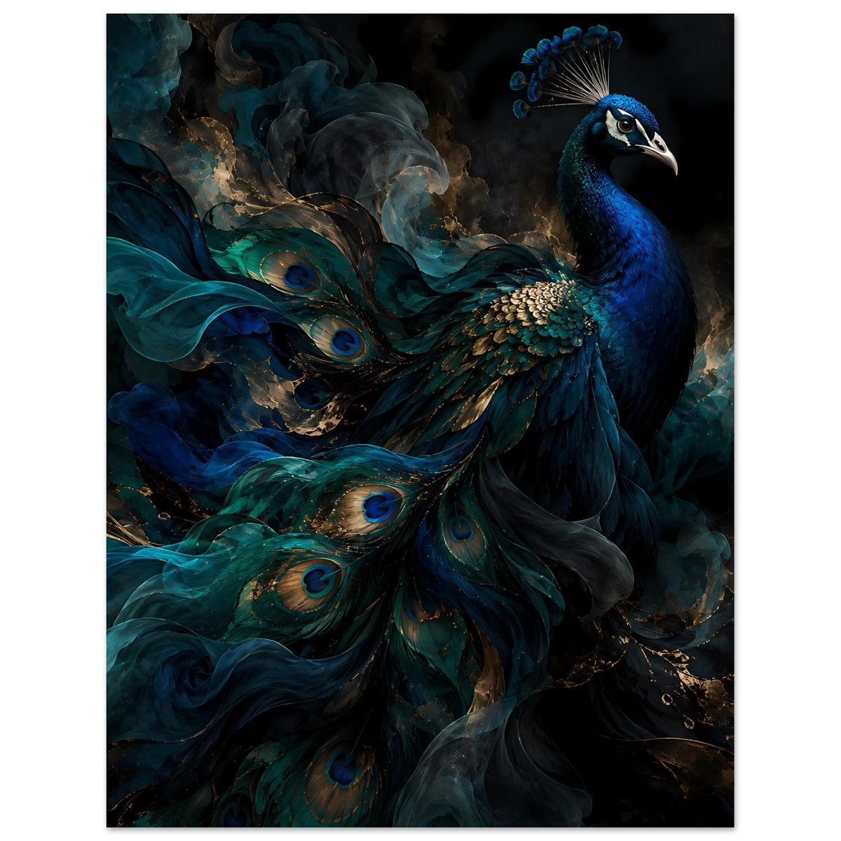 Kunstposter mit Pfau-Motiv, auffällige Federaugen in Blau, Türkis und Gold