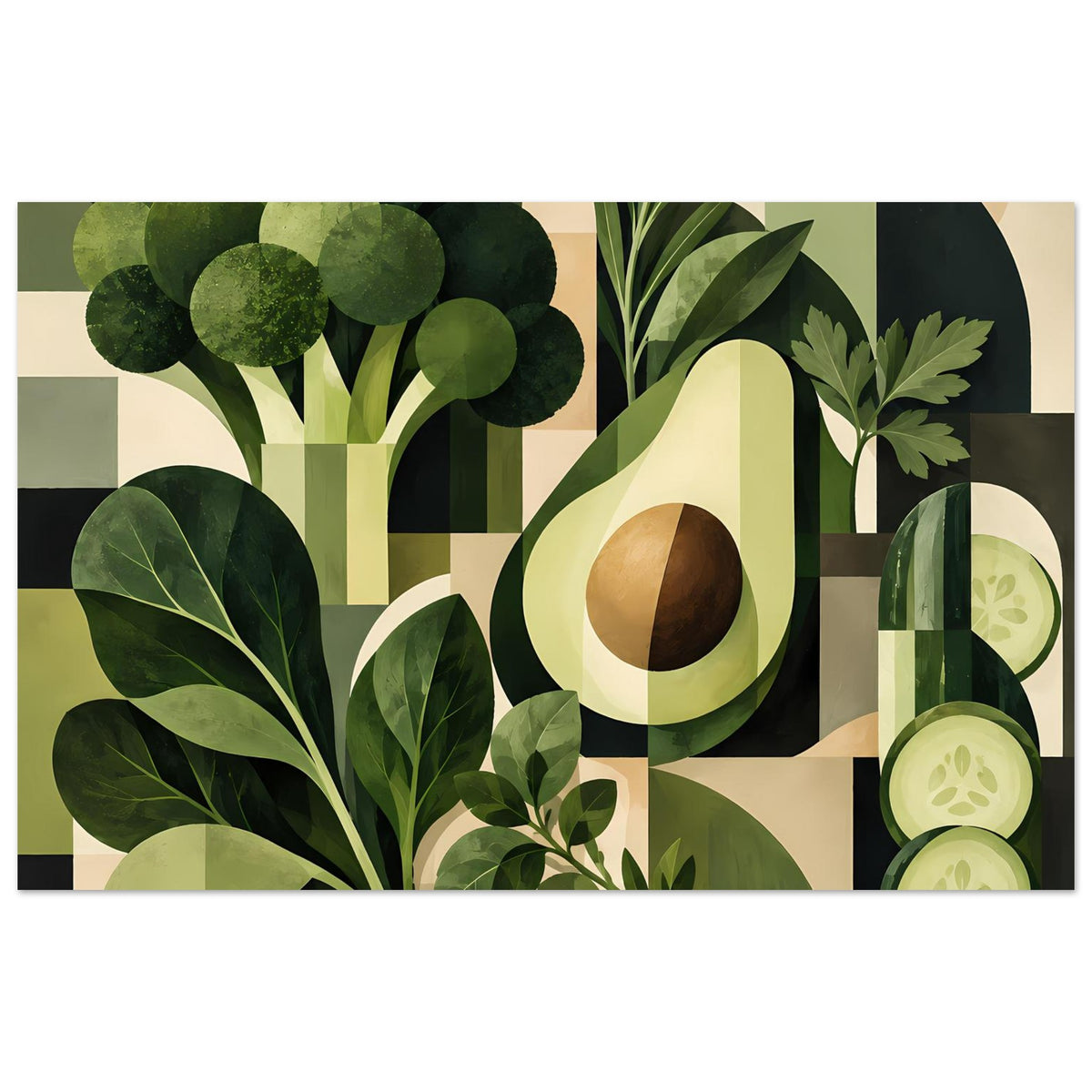 Poster im Querformat mit geometrischen Avocado- und Blattmotiven in Grün