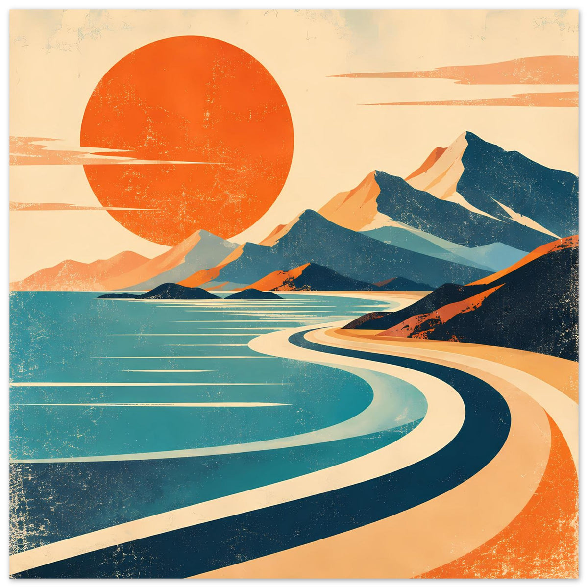 Vintage-Landschaftsposter mit orangefarbener Sonne, blauen Bergen und gewundenem Pfad