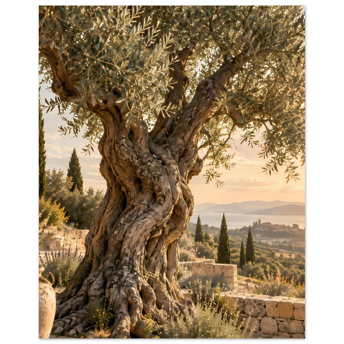 Hochformat-Poster mit Olivenbaum, Steinmauer und Vase links unten in der Landschaftsszene