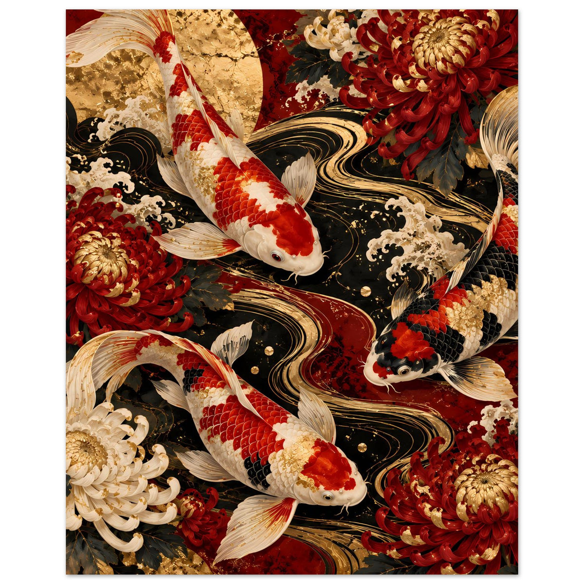 Koi-Karpfen Poster mit goldroten Blüten, drei Koi-Fischen und dunklem Ornament-Wellenmuster