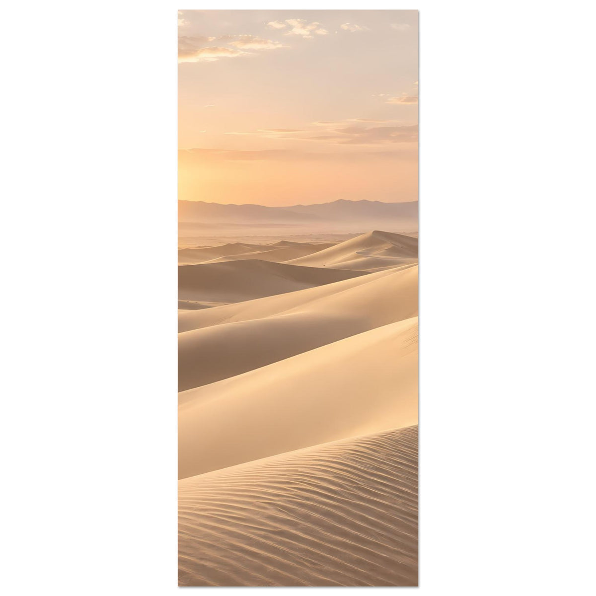 Vertikales Wüstenposter mit Sanddünen und aufgehender Sonne am Horizont