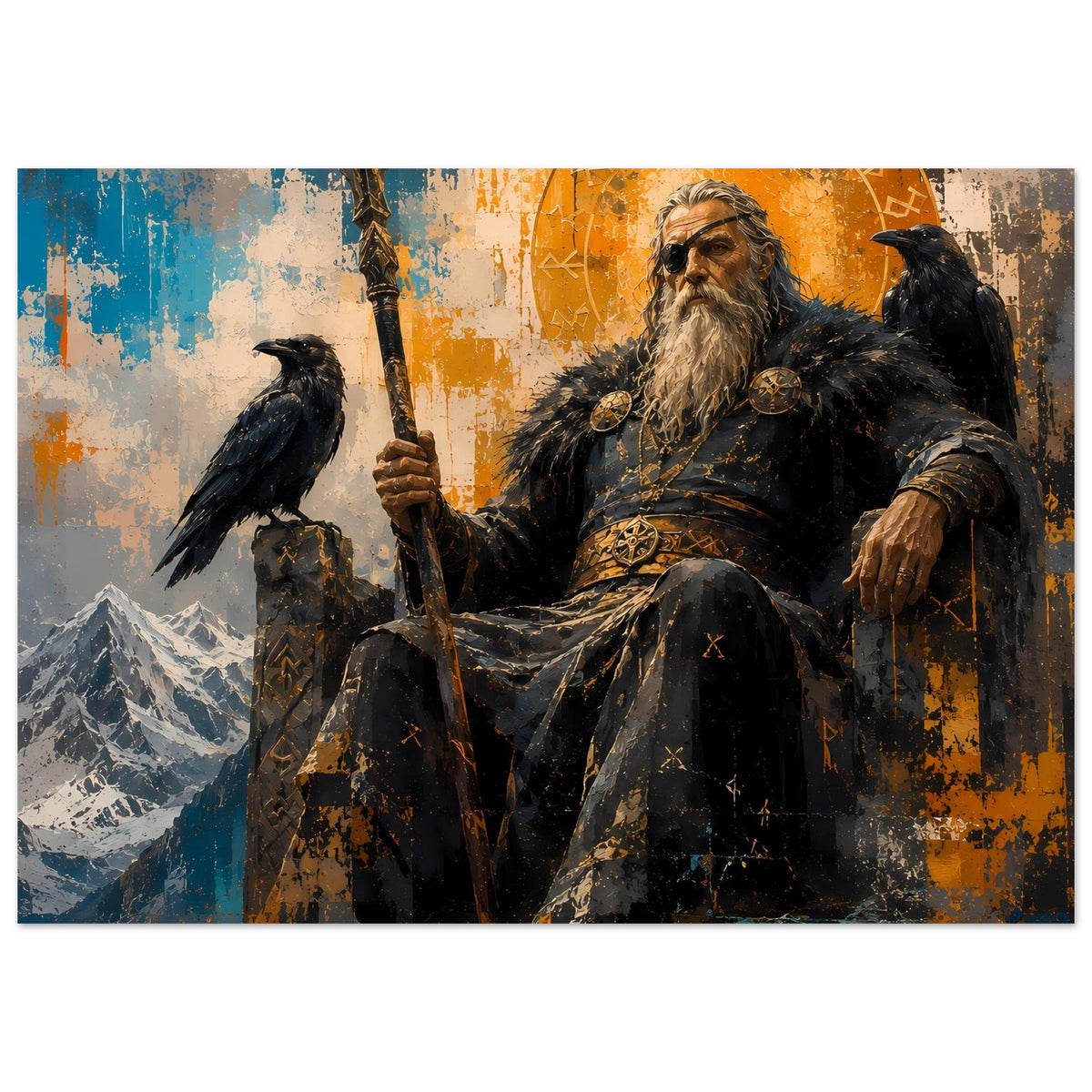 Querformat-Poster mit Norse-Motiv: bärtiger Gott hält Speer, Rabe neben ihm, dunkle Robe