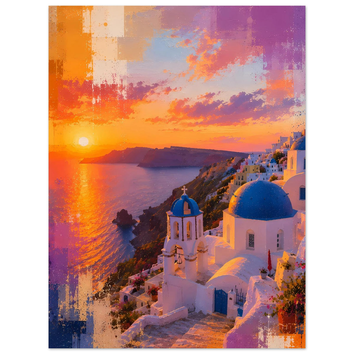 Hochformatiges Poster mit Sonnenuntergang, Meer und weißer Kirche mit blauen Kuppeln.