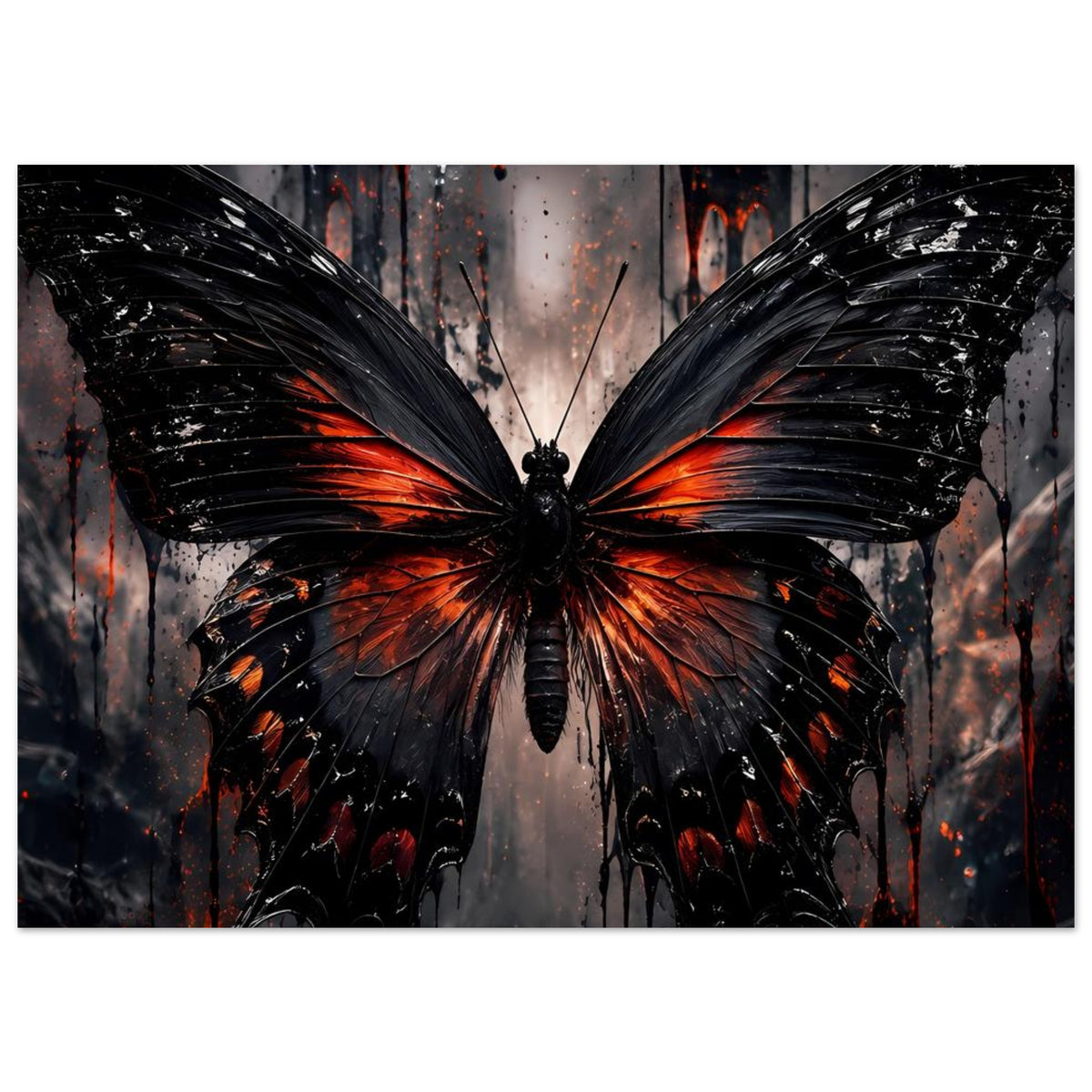 Schmetterlingsposter im Nahbereich: schwarzer Schmetterling mit orange-roter Flammenzeichnung