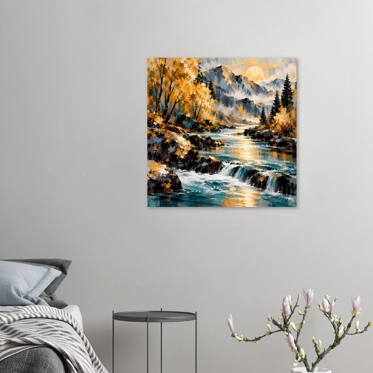 Kleines Herbstlandschaft-Poster an der Wand: Fluss, Wasserfälle, goldene Bäume
