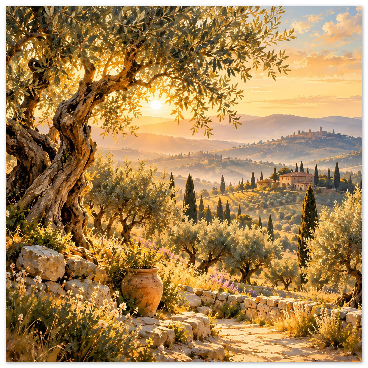 Poster mit goldener Sonnenuntergangslandschaft, Olivenbaum links, Blumen und Steinweg