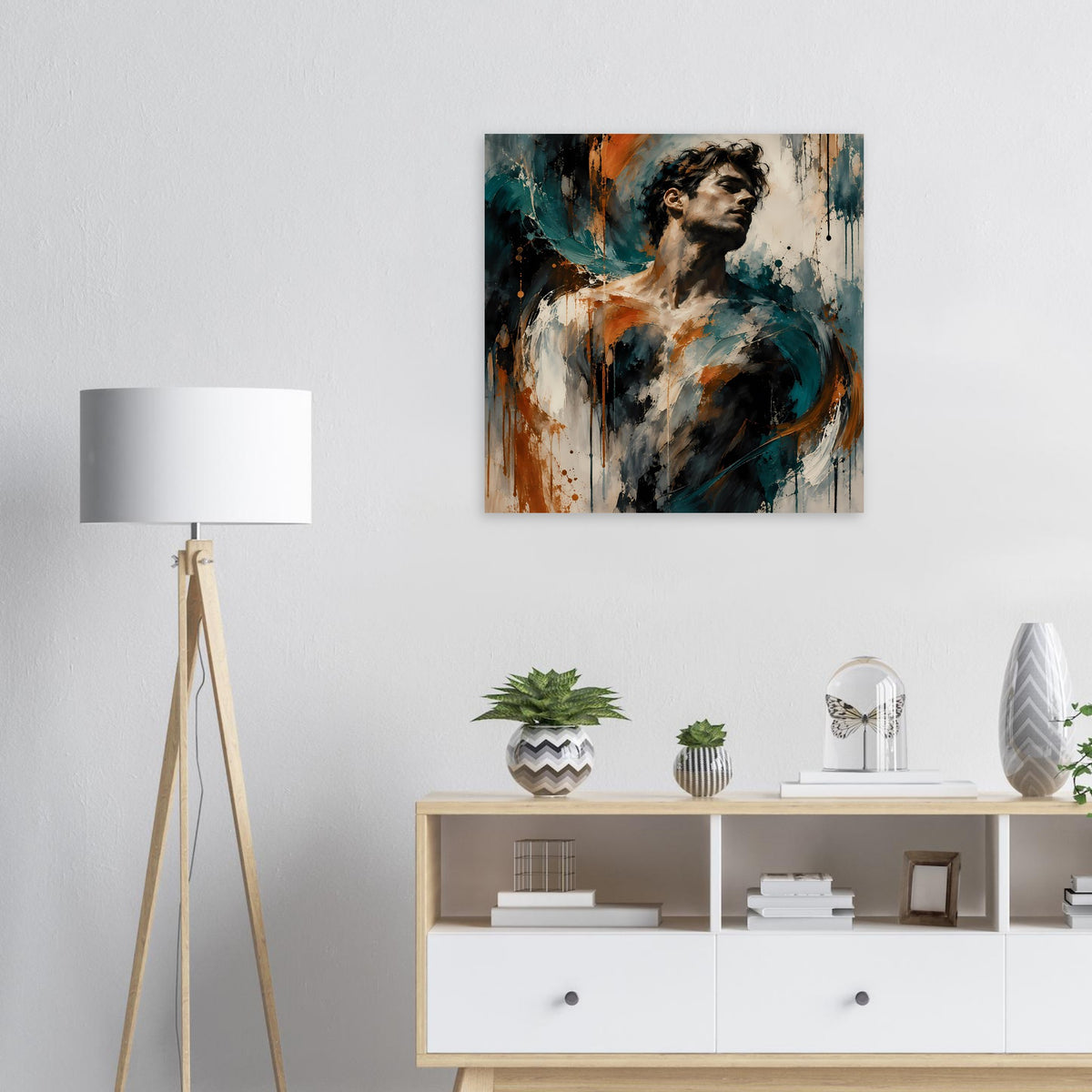 Kunstposter mit expressivem Männerporträt in Petrol und Rostorange, abstrakt bemalt