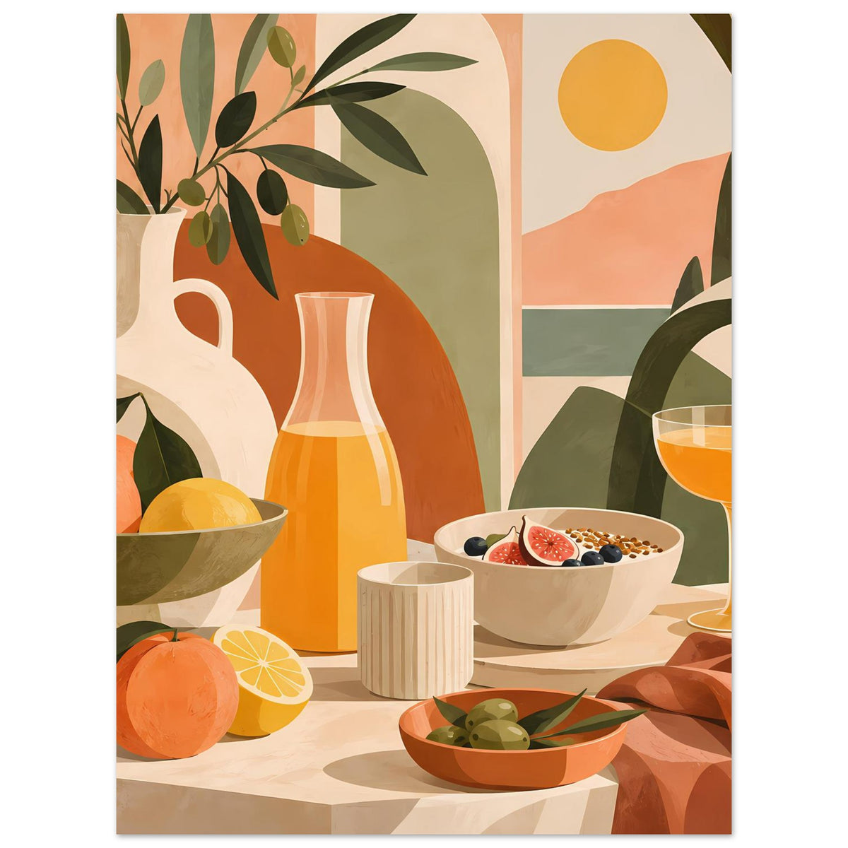 Still-Life-Poster: orange Vase, Obstschüssel, Cocktailglas und grüne Blätter