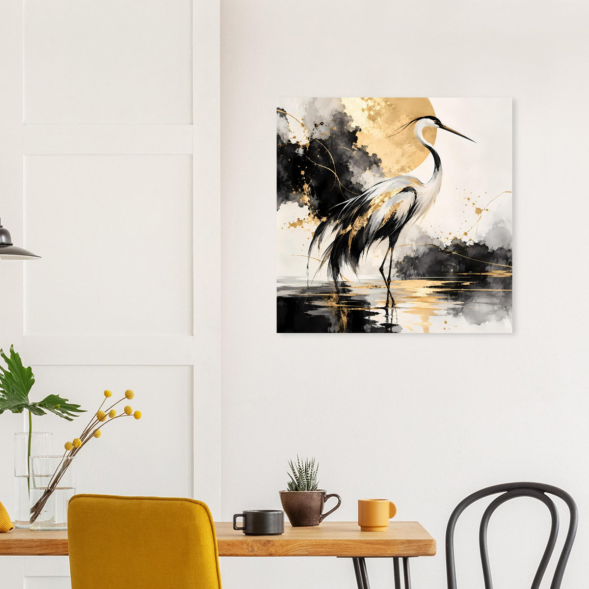 Vogelposter mit Kranichillustration in Schwarz und Gold, quadratisch