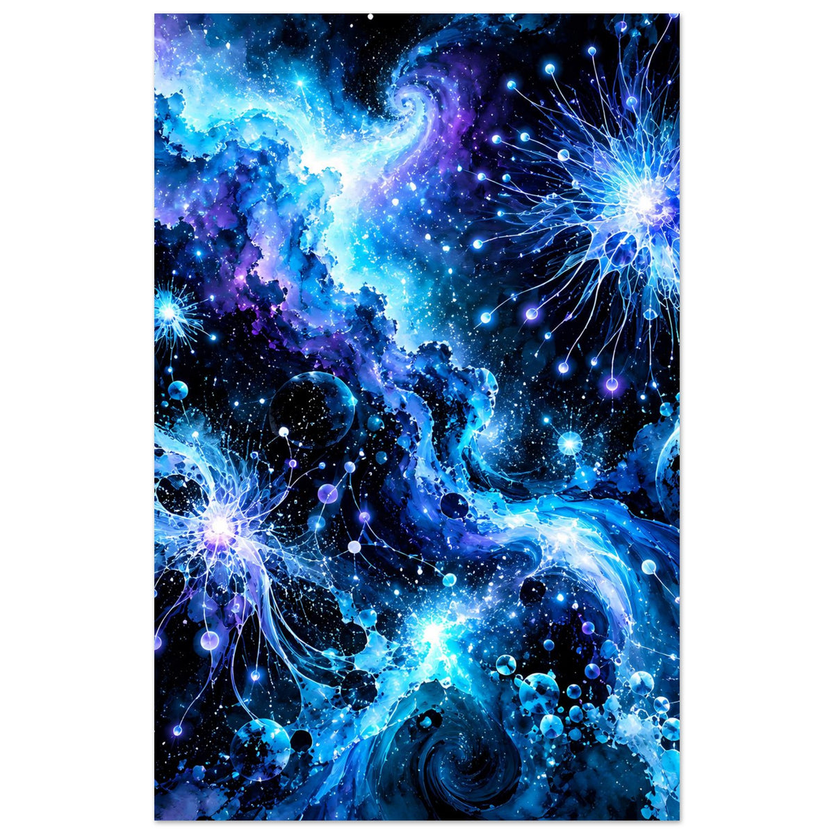 Galaktisches Poster im Hochformat: blauer Weltraumnebel, Sterne, Planeten und leuchtende Fäden