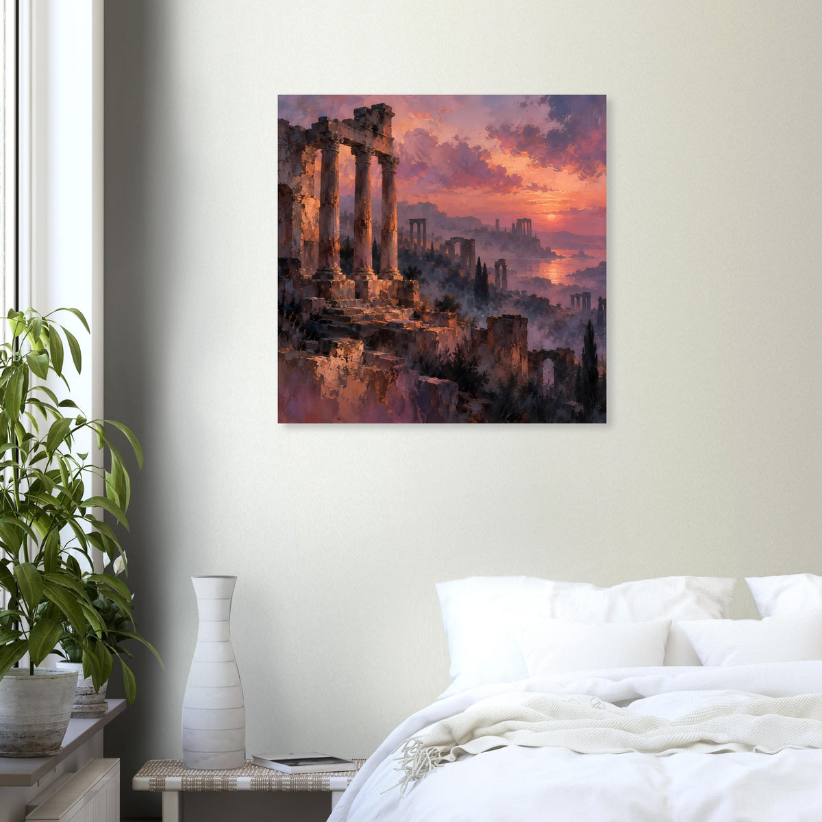 Quadratisches Poster mit Ruinenlandschaft und Sonnenuntergang, warme Orange- und Violetttöne
