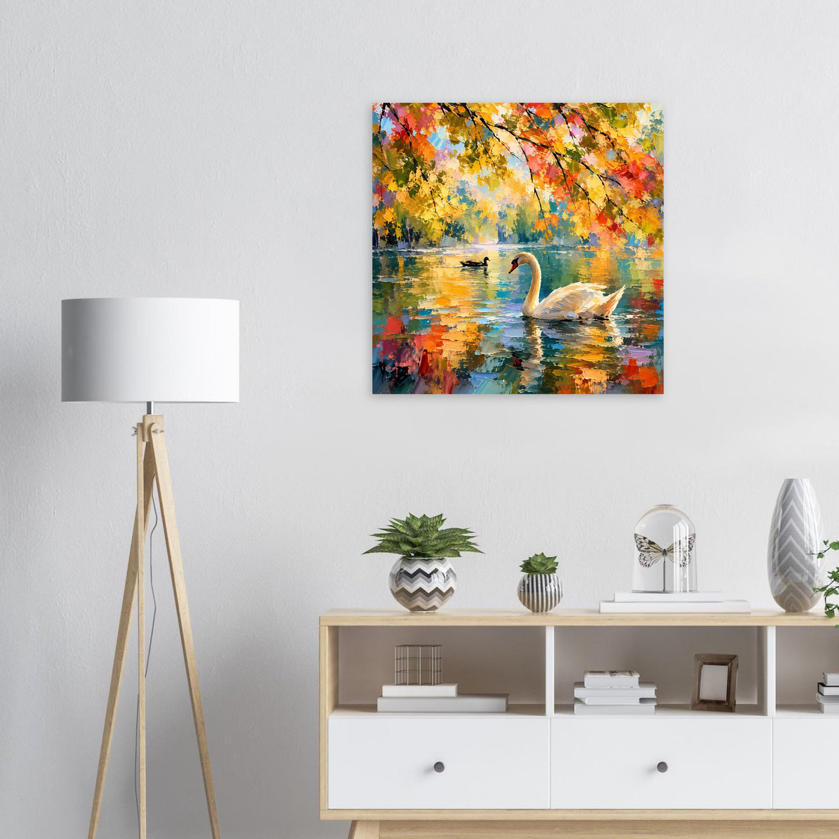 Herbstliches Schwanen-Poster mit farbenfroher Wasser- und Blattlandschaft