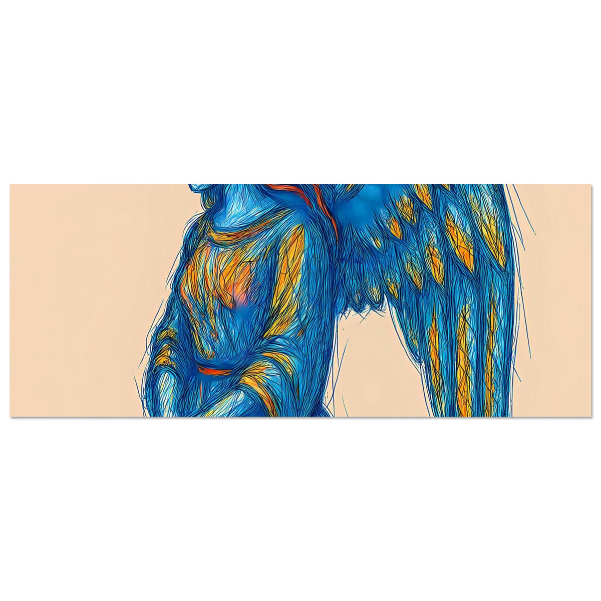 Poster-Ausschnitt: blauer Engel mit Flügeln, goldene Aura am Kopf, Hände vor der Brust