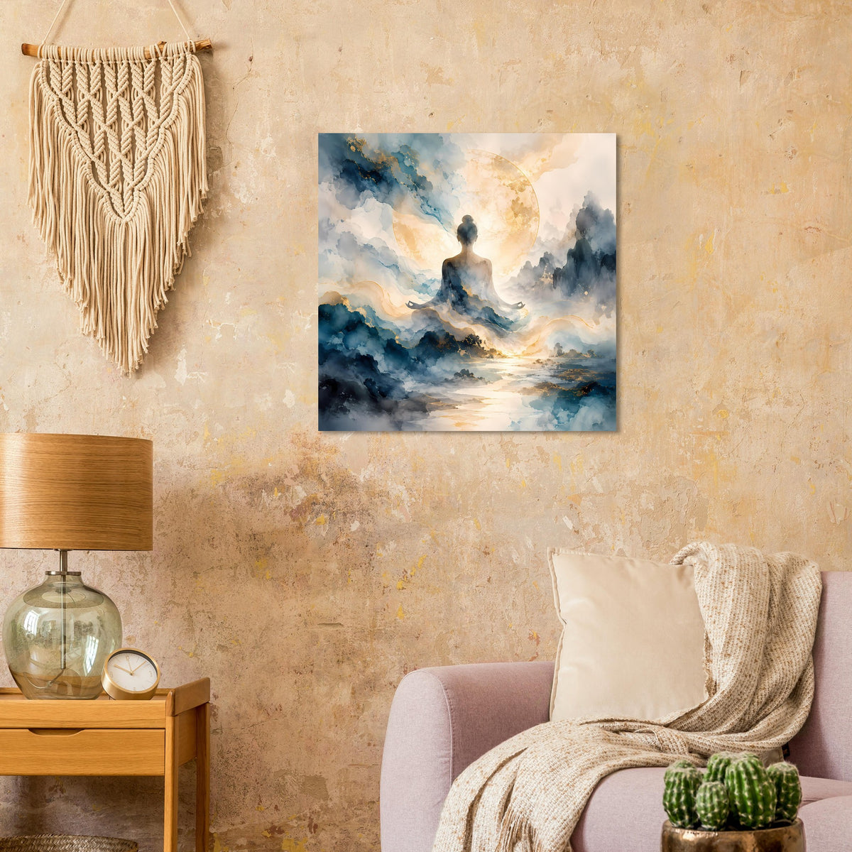 Quadratisches Poster: Meditationsfigur im Zentrum zwischen blauen Wolken und warmem Goldlicht