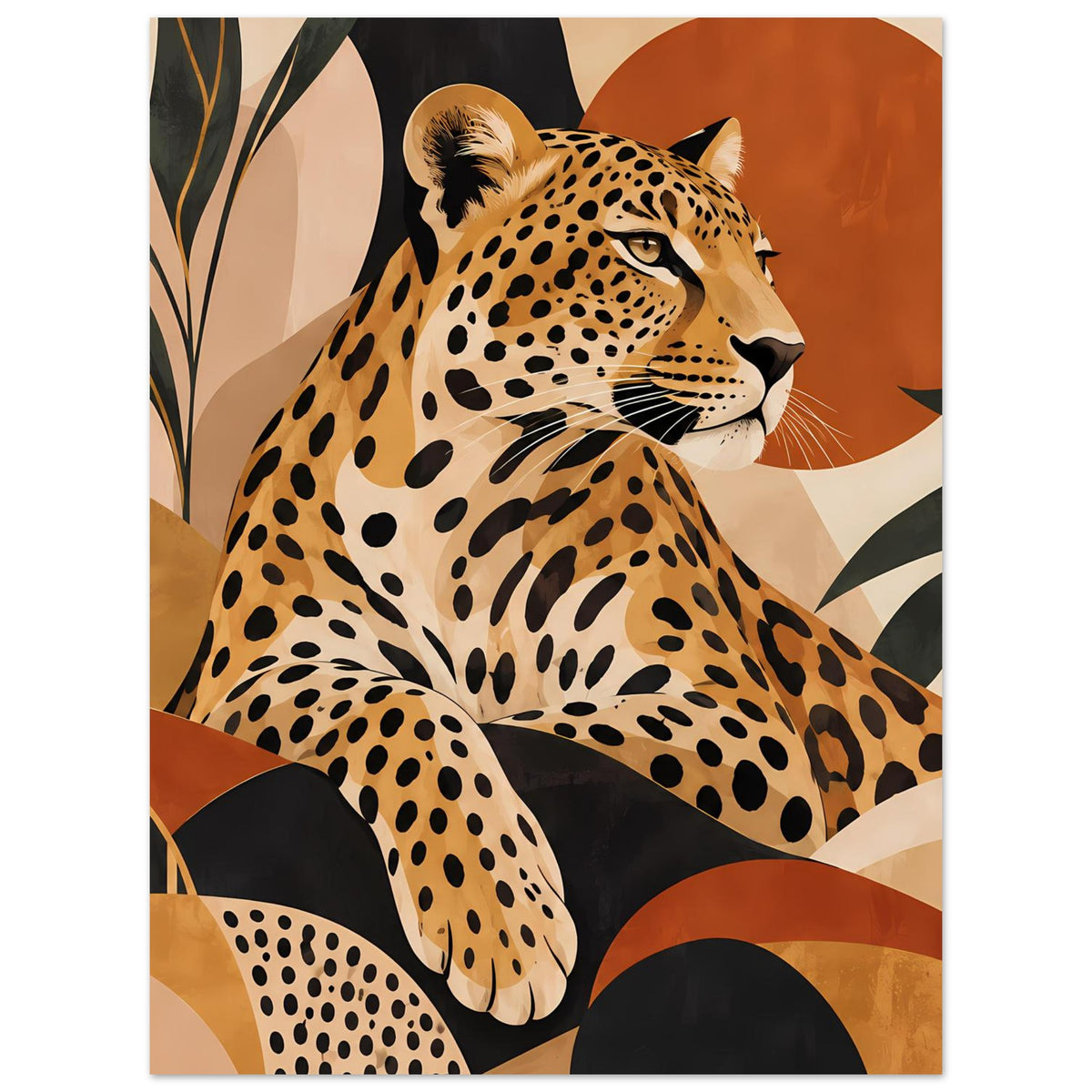 Leoparden-Tierposter: liegender Leopard mit beigem Fell und schwarzen Punktrosetten