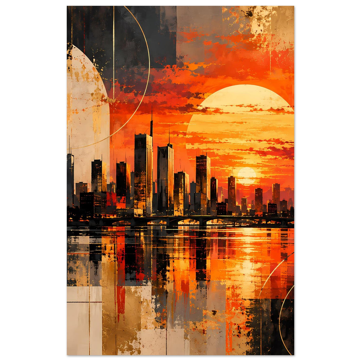 Poster im Hochformat: abstrakte Skyline vor orangefarbenem Himmel, große Sonne und Spiegelung im Wasser