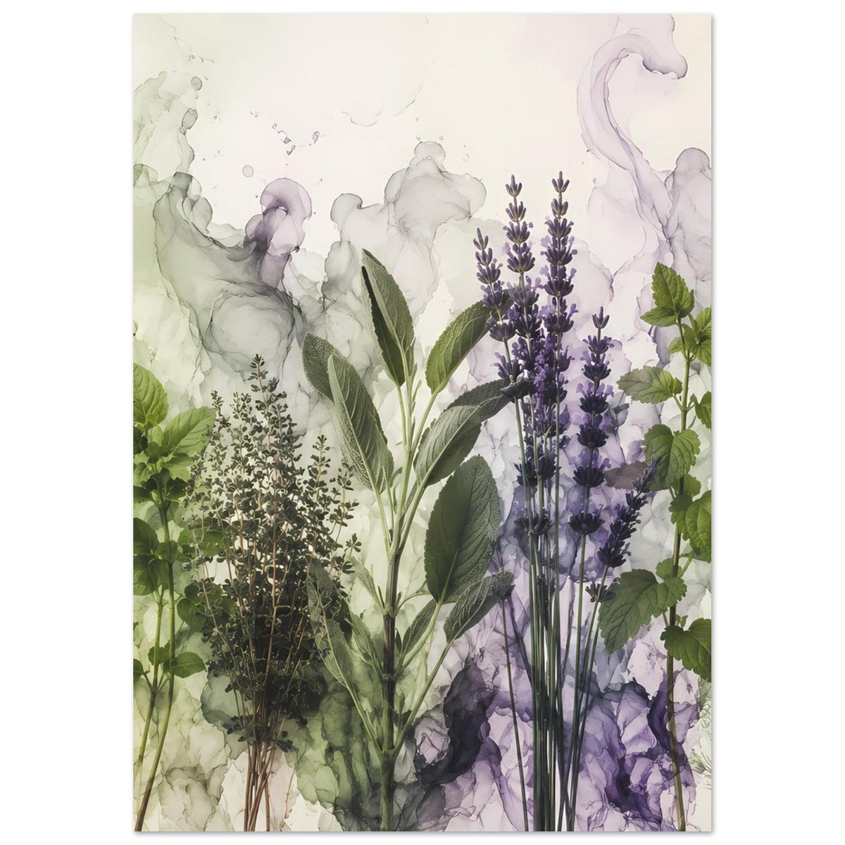 Botanisches Poster im Hochformat mit Lavendelrispen in Lila und dichtem Kräutergrün