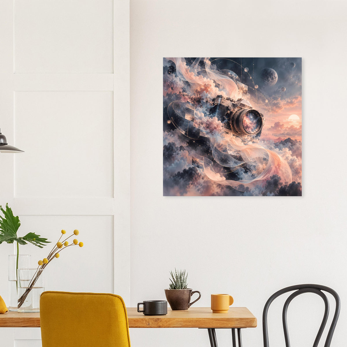 Kamera-Poster im Querformat mit Rauchwolken und Kameraobjektiv in Orange- und Blautönen