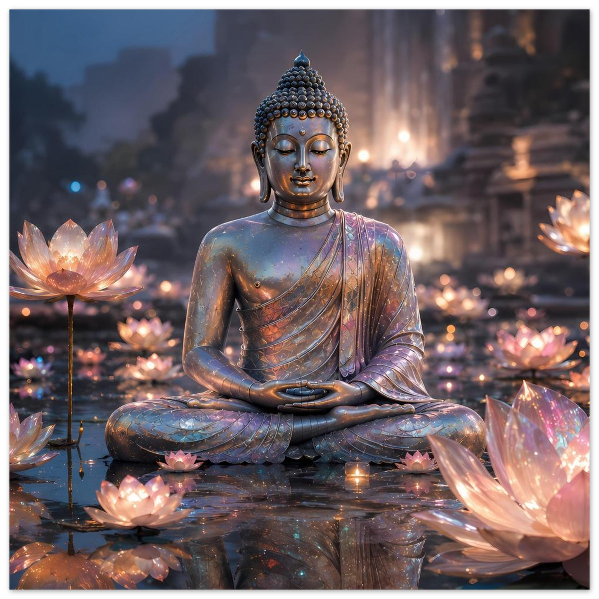 Buddha-Meditationsposter: Buddha in Meditation, umgeben von leuchtenden Lotusblüten im Druck