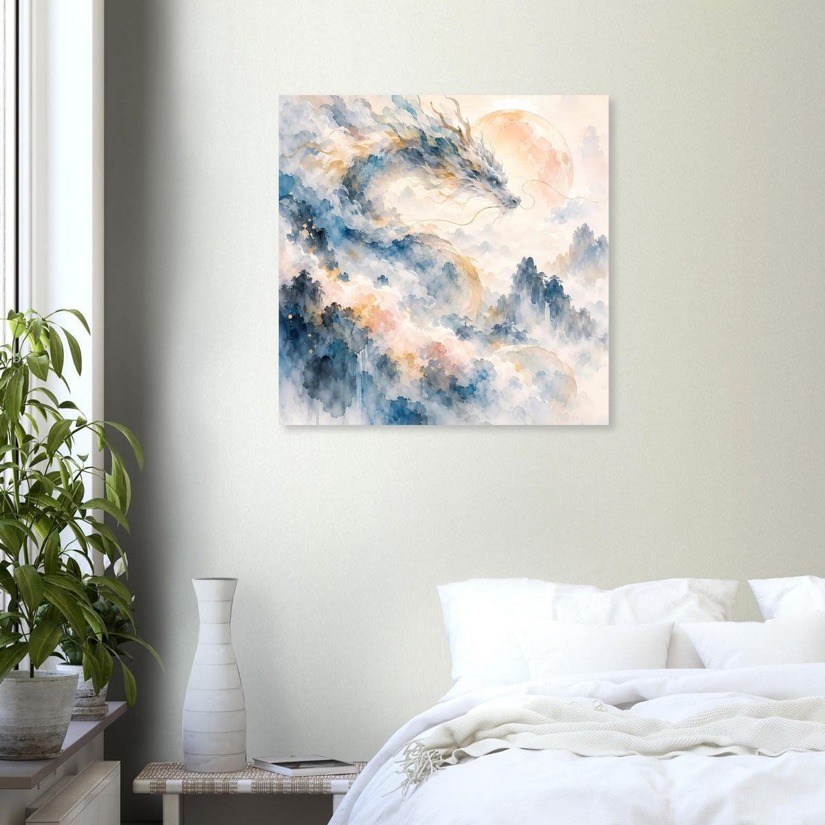 Aquarellposter mit Drachenmotiv über Wolken, warmem Lichtkreis und Blauakzenten
