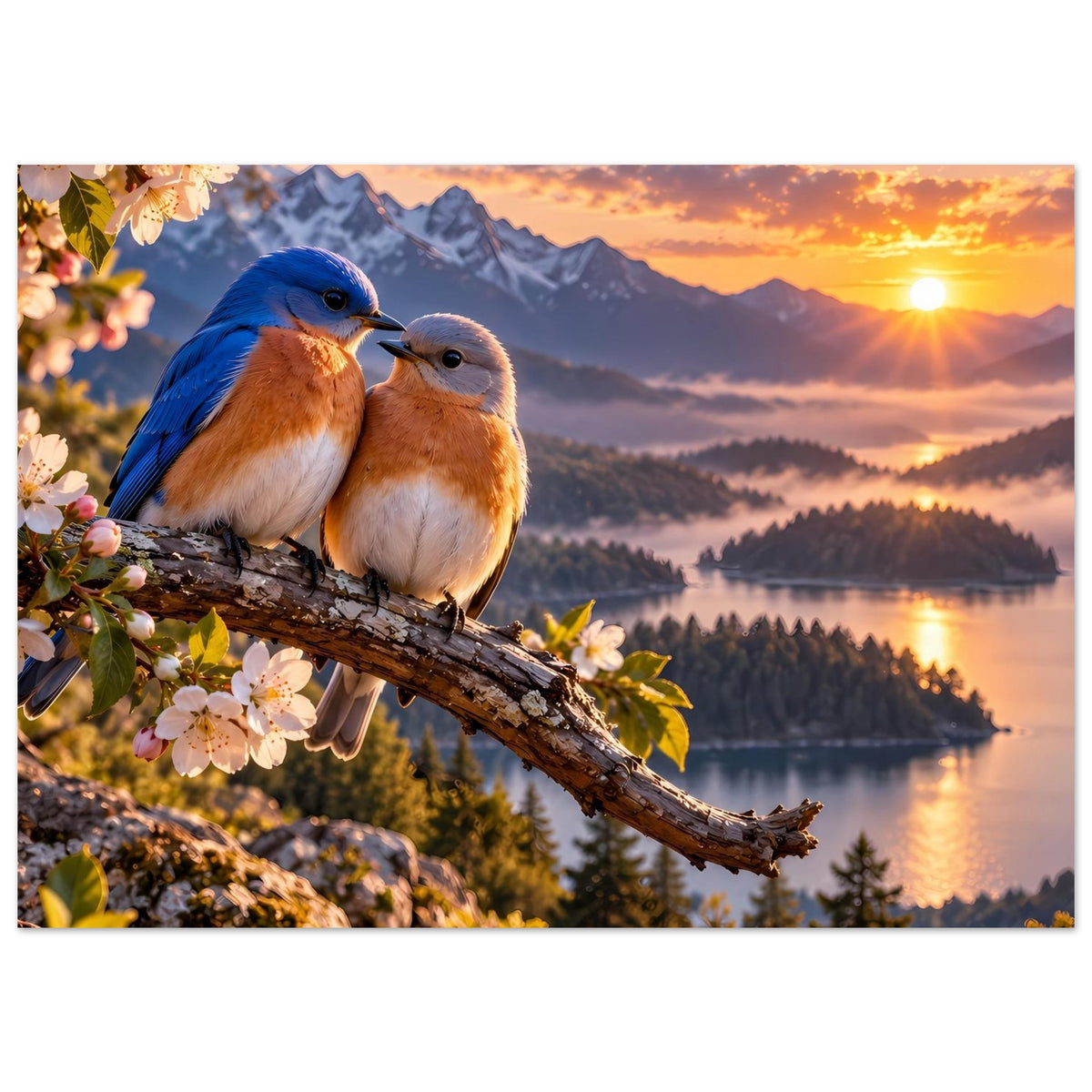 Poster mit zwei Vögeln auf Ast, warme Abendsonne, See, Berge und Blumenast