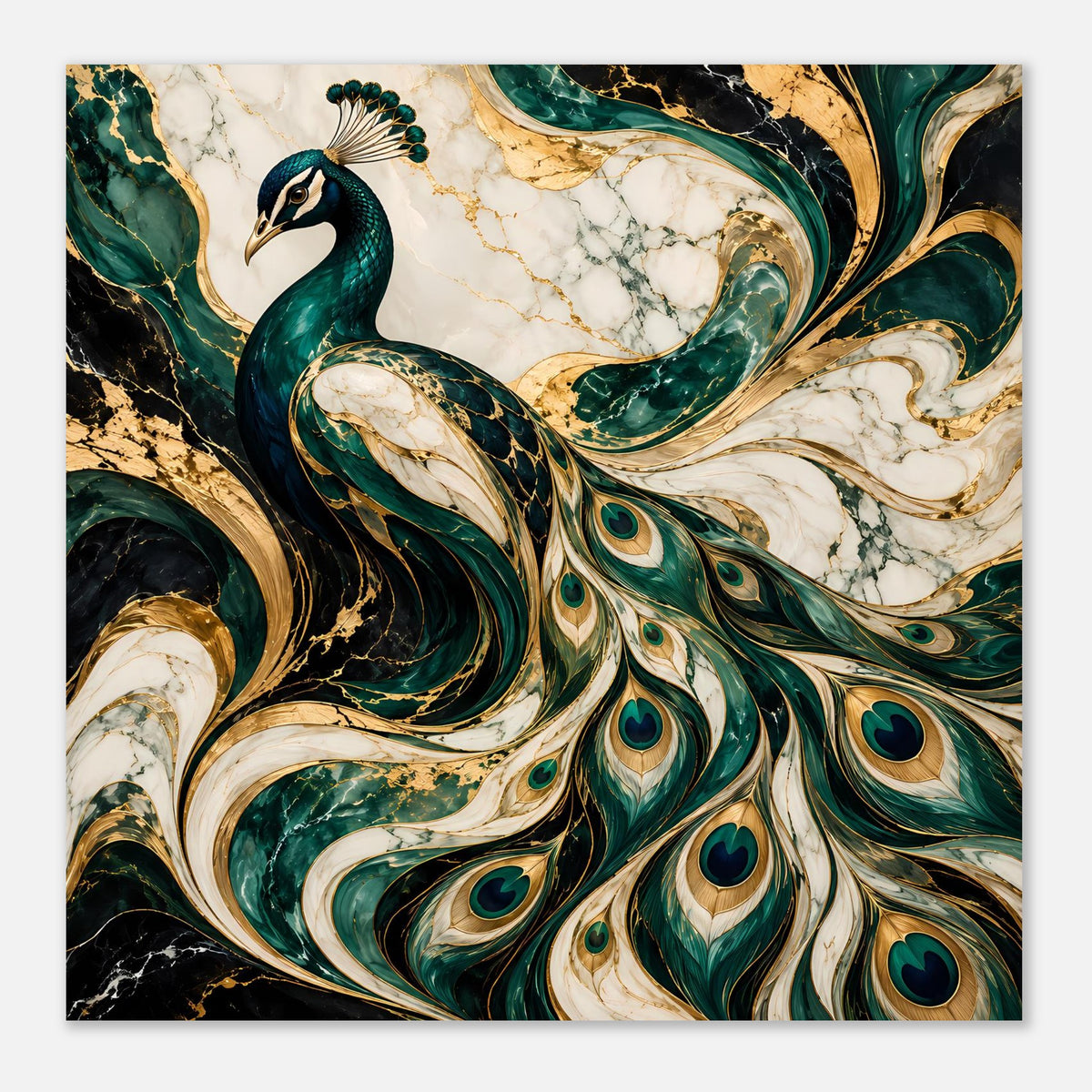 Pfau-Poster im Querformat: smaragdgrüne Augenfedern, cremefarbene Wirbel und Gold