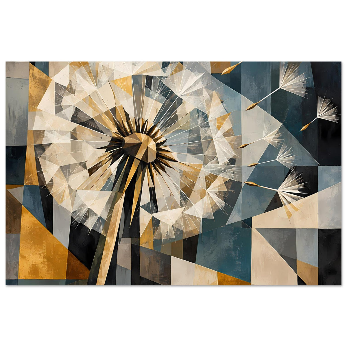 Rechteckiges Poster mit geometrischer Pusteblume, dunkelblau-graue Flächen und goldene Akzente