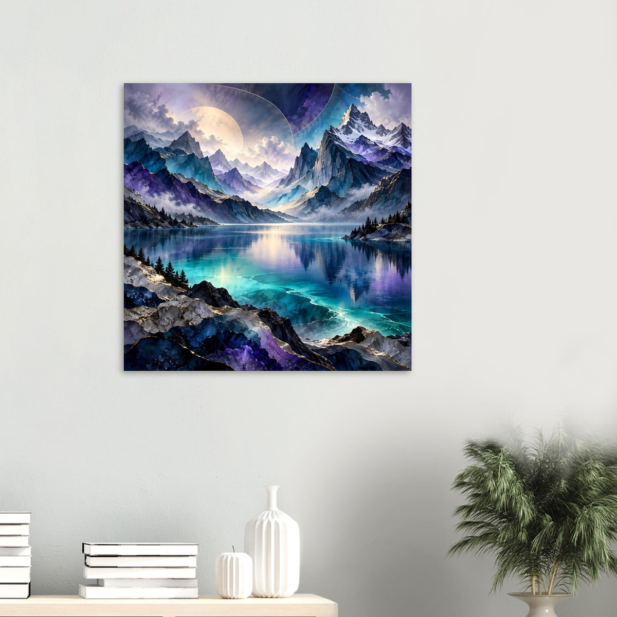 Kleines Bergsee-Poster mit türkisfarbenen Wellen, Felsenufer und violettem Berglicht