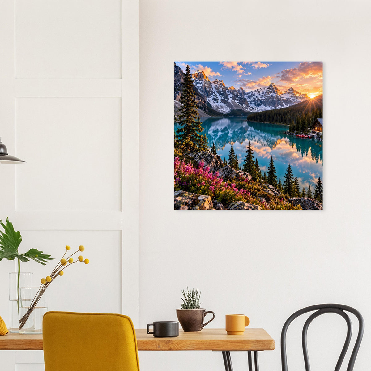Wandposter im Quadratformat: Bergsee mit Tannen und farbigen Blumen am Ufer