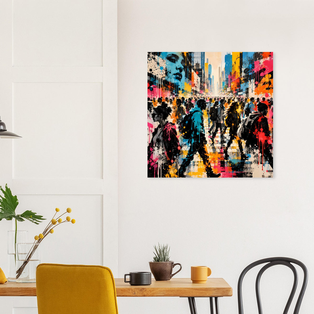 Street-Art-Poster mit dynamischer Menschenmenge, Farbverläufen und Spritzern in Blau, Gelb, Pink