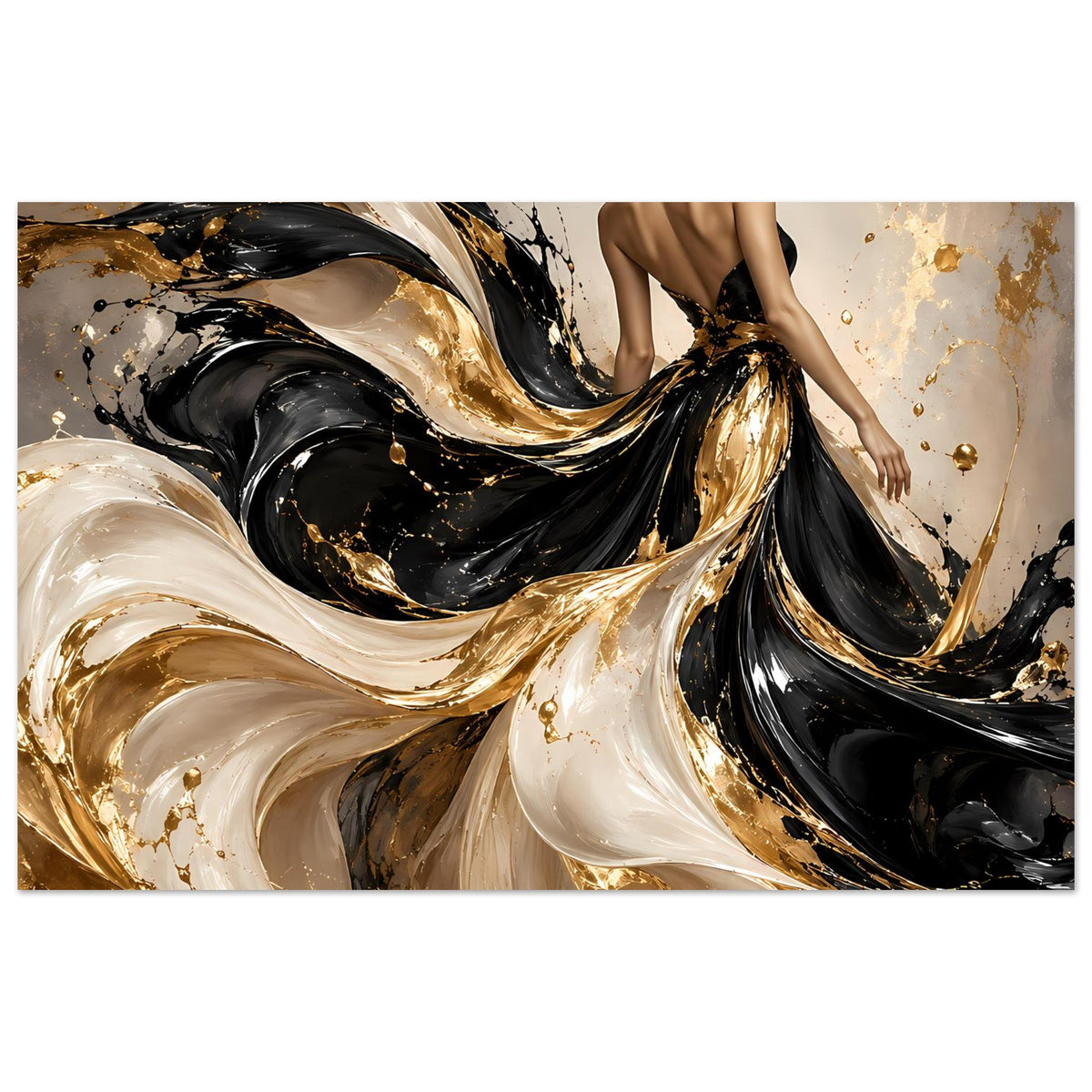 Kunstposter mit abstrakten Wirbeln in Schwarz, Gold und Elfenbein