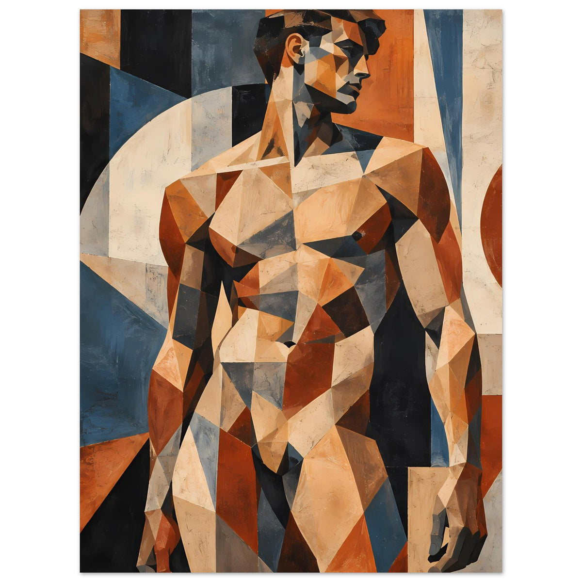 Kunstposter mit geometrischer Aktfigur eines Mannes, seitlich ausgerichtete Figur im Druck