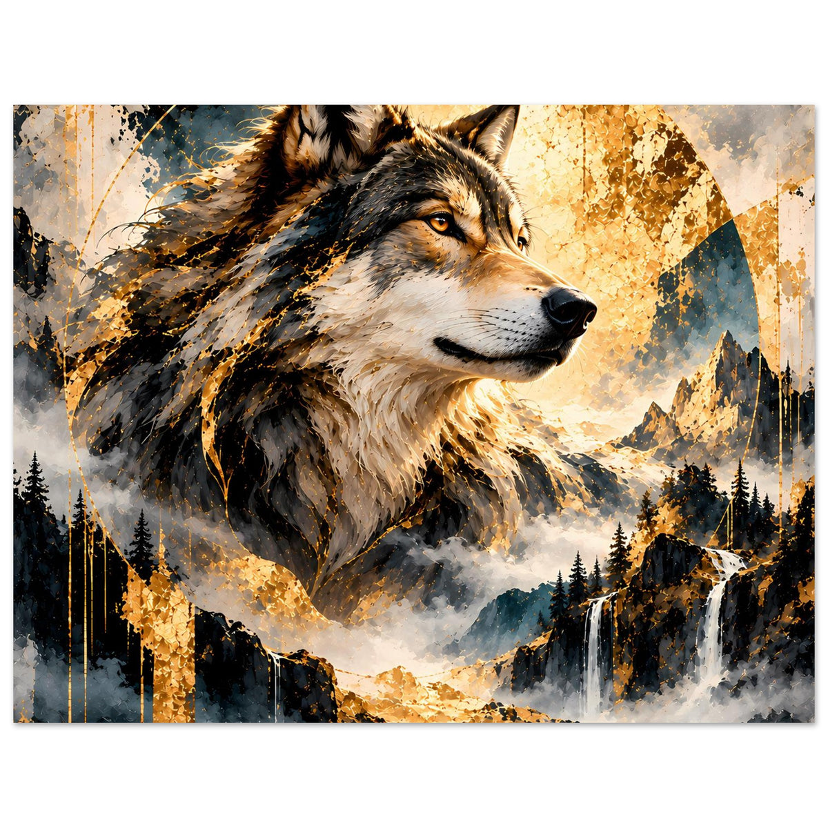 Wolfskunstposter im Querformat: Wolfsporträt über Wald, Nebel und goldfarbener Landschaftsgrafik