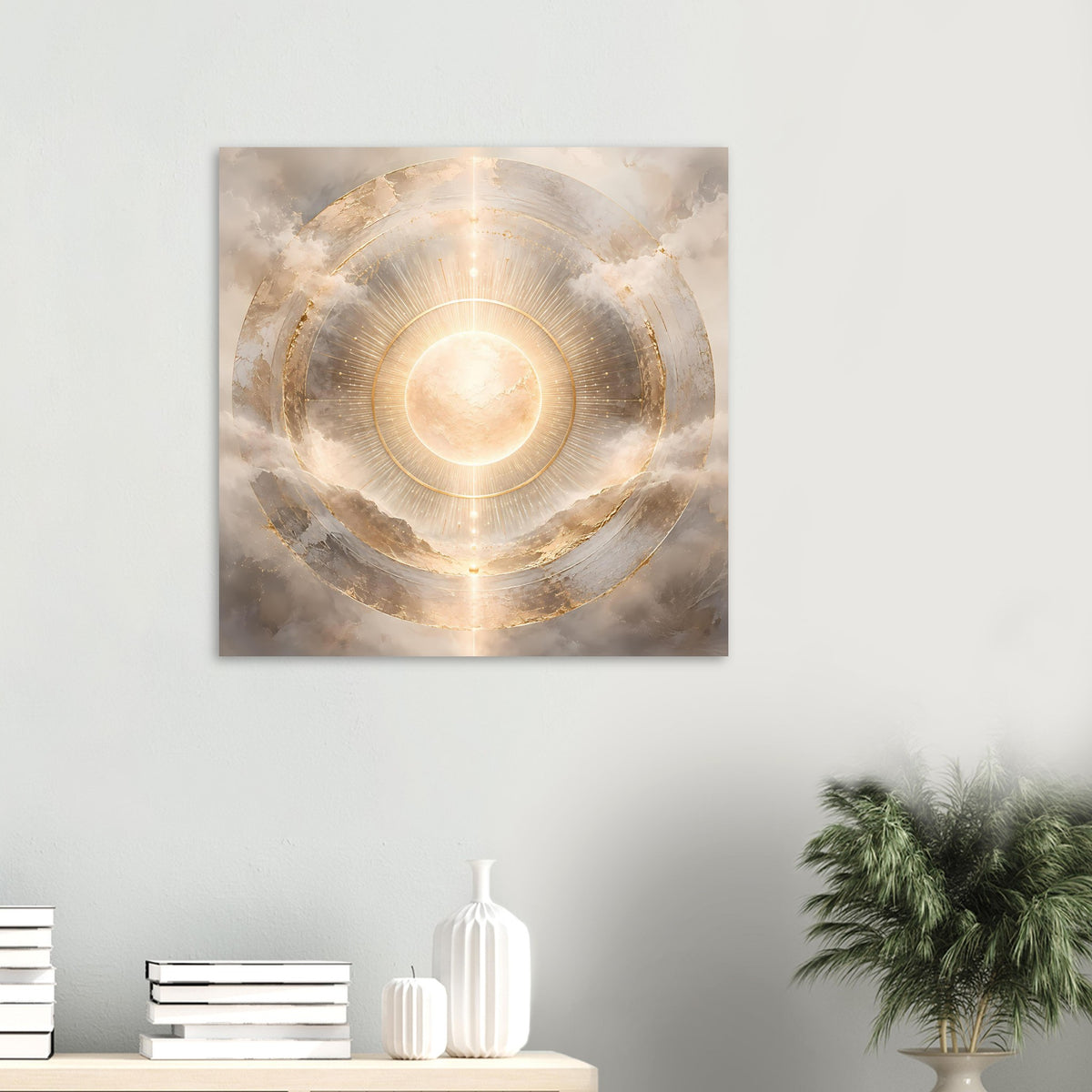 Quadratisches Kosmos-Poster mit leuchtender goldener Sonne und konzentrischen Ringen