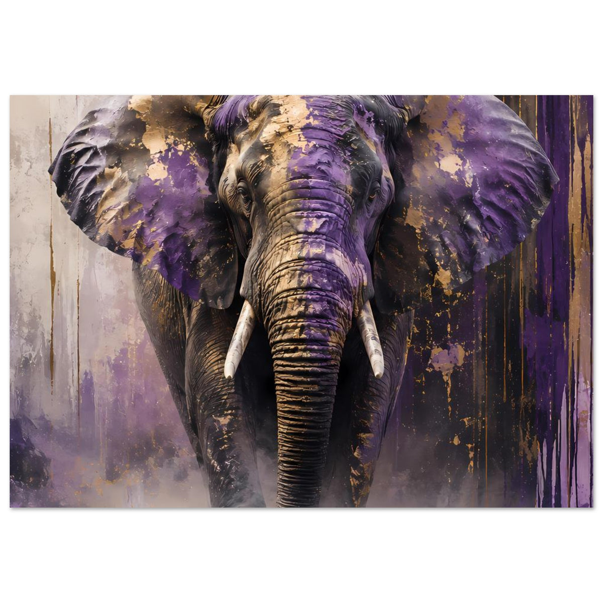 Abstraktes Elefantenposter: Elefantenkopf vorn mit Rüssel, violette Akzente und goldene Details