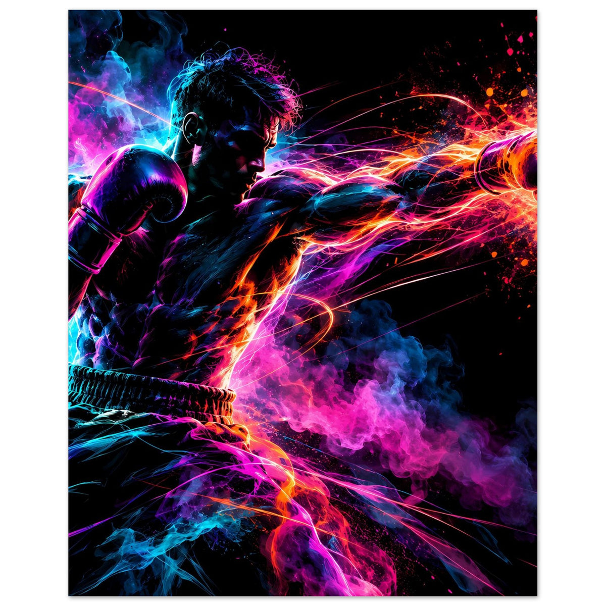Neon-Boxer-Poster im Hochformat: Silhouette mit Boxhandschuhen, Rauch und Lichtspuren, schwarzer Rahmen