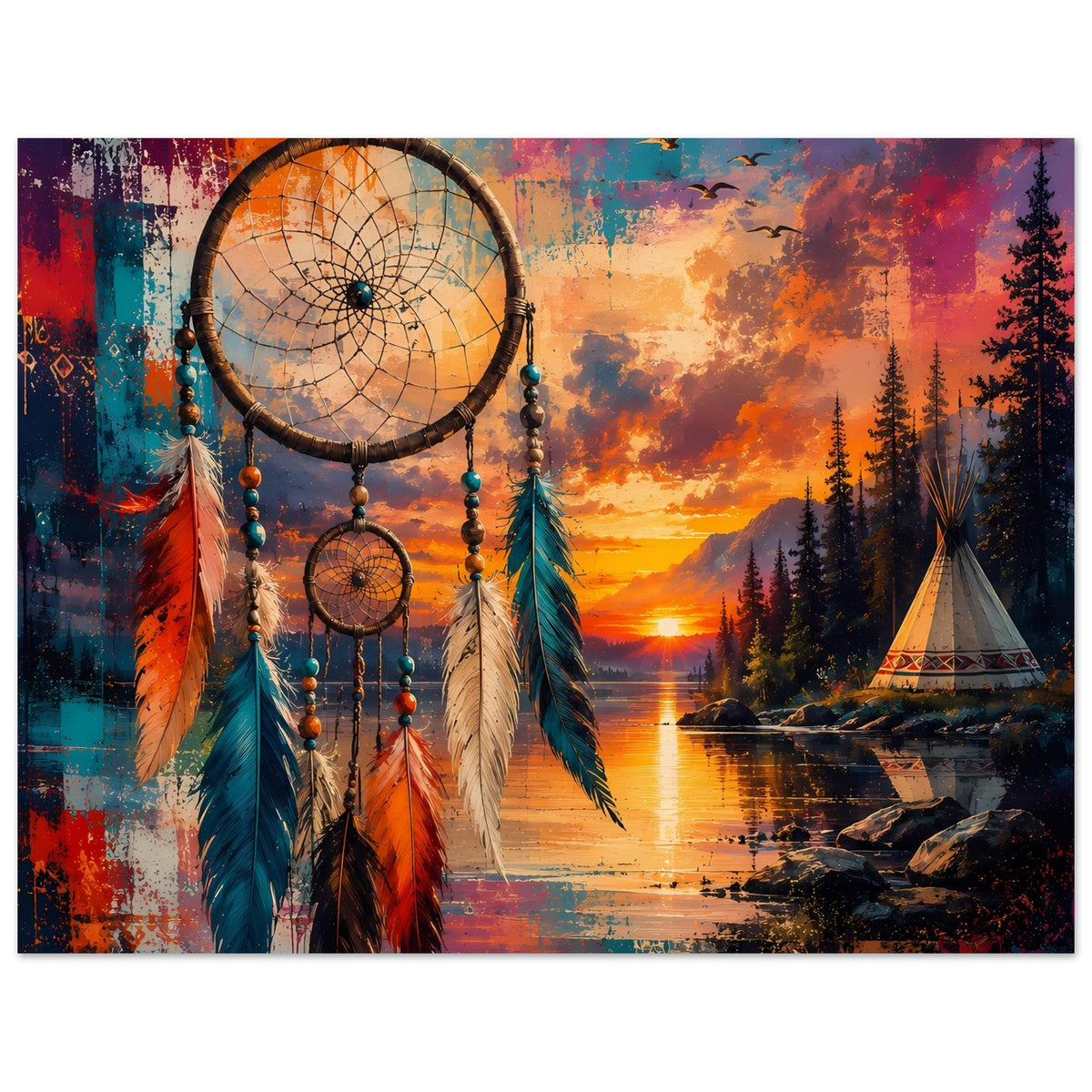 Horizontales Boho Traumfänger-Poster mit Kreis-Fangnetz, bunten Federn und Tipi am See