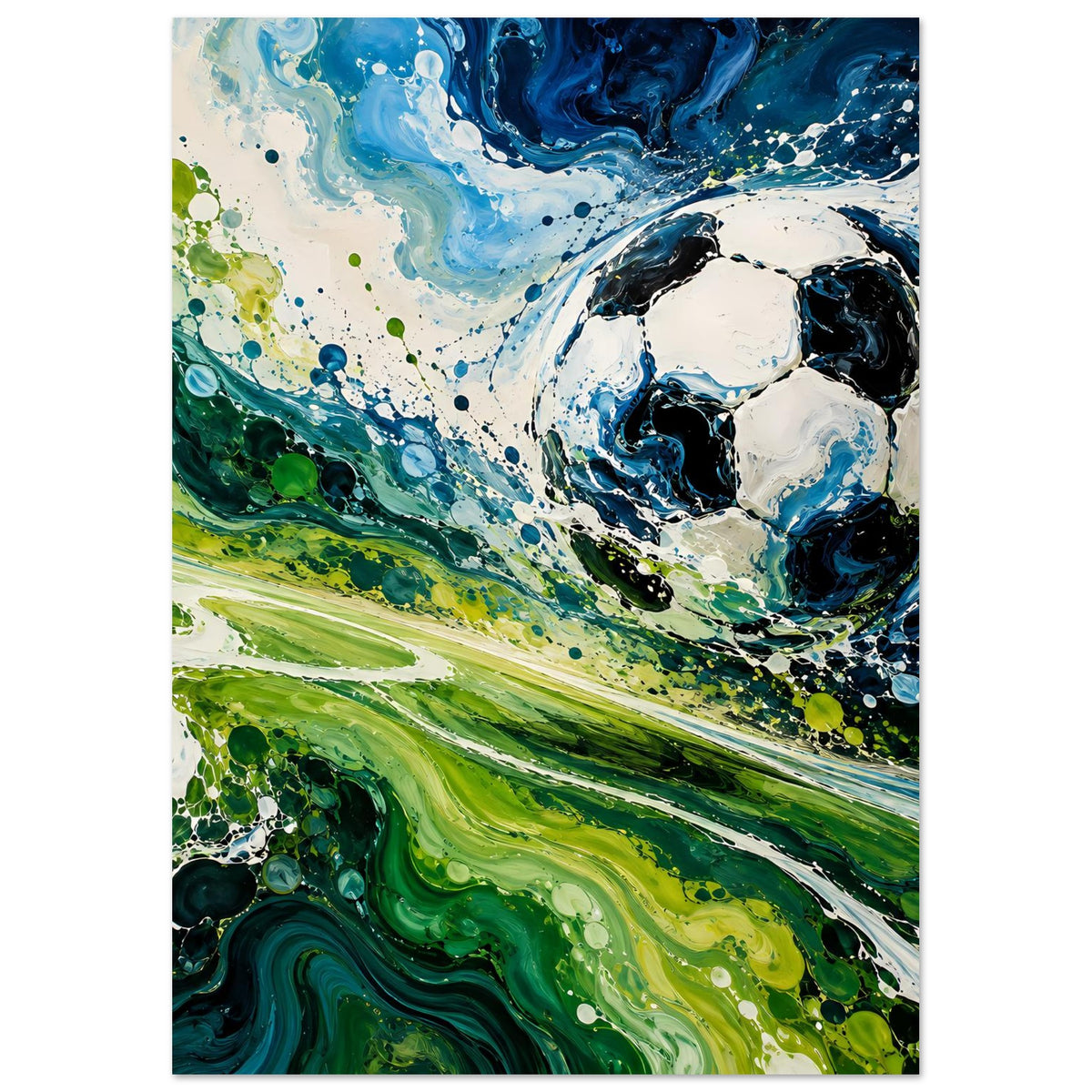 Fußball-Kunstposter im Hochformat mit abstraktem grünen und blauen Flüssigkeitsmuster, Ball