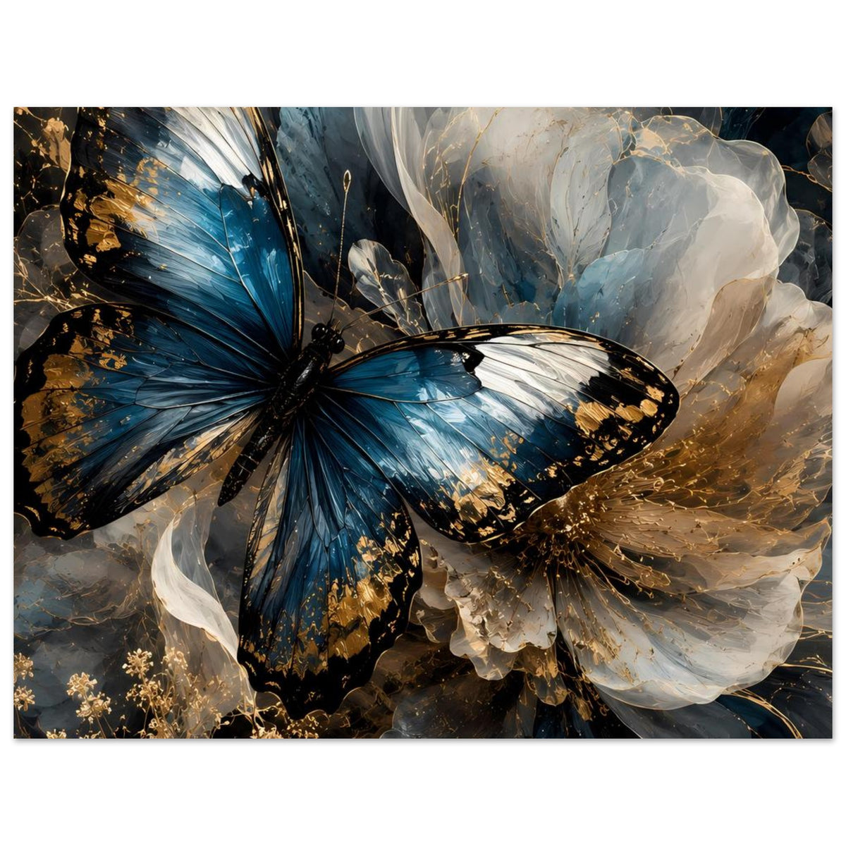 Querformat-Poster mit blauem Schmetterling, weißen Flügeln und goldenen Verzierungen