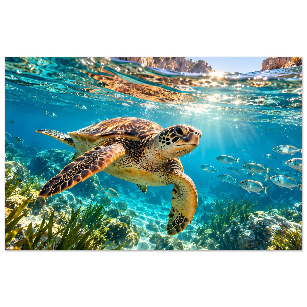 Meeresschildkröten-Premiumposter im Querformat: Schildkröte unter Wasser mit Sonnenstrahlen