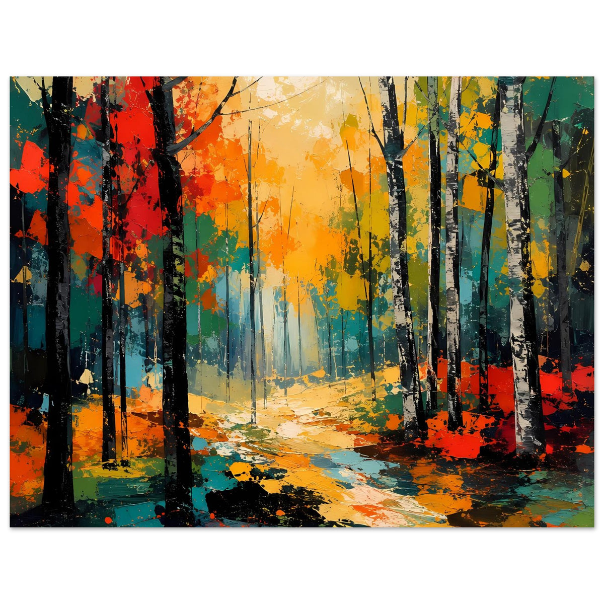 Herbstwald-Poster im Querformat: Baumreihen in Orange, Grün und Blau mit zentralem Lichtschimmer