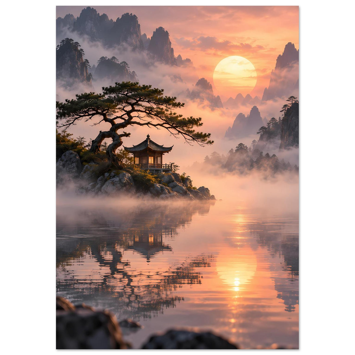 Poster mit asiatischer Landschaft: Pagode, See und Sonnenuntergang zwischen Bergkulissen.