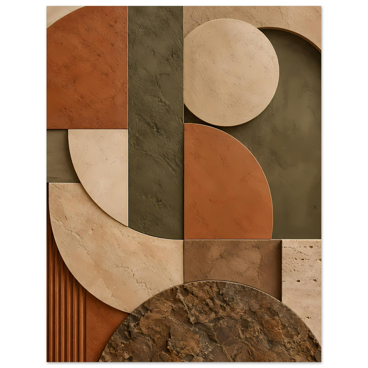 Abstraktes Poster mit geschwungenen Segmenten, Kreisen und Blockflächen in Braun, Grün, Beige