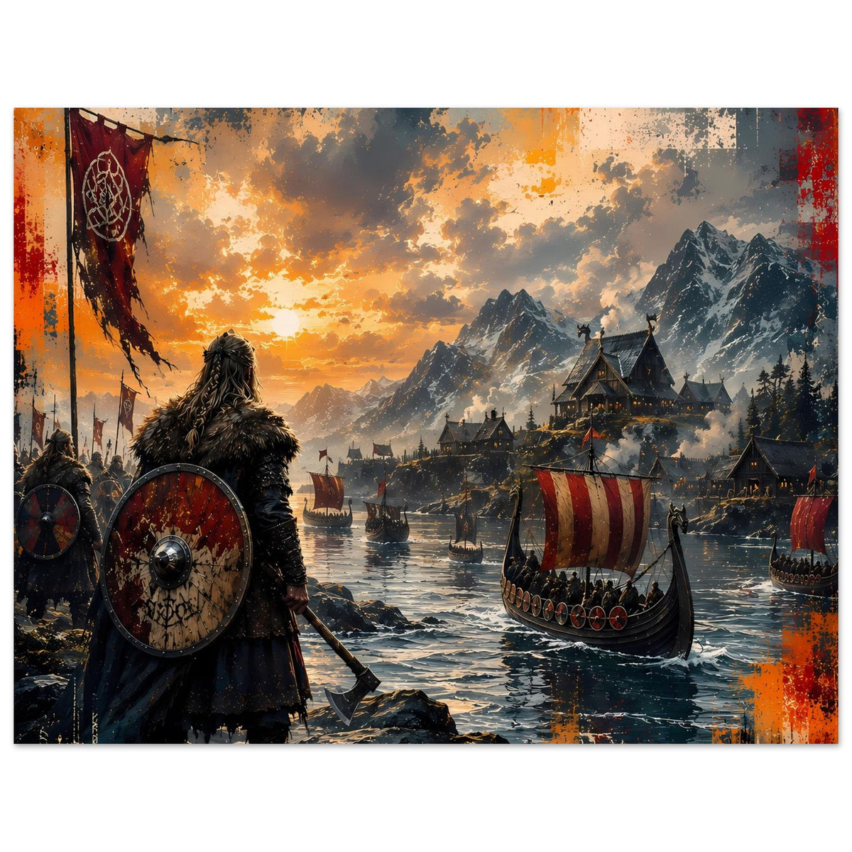 Wikinger-Saga-Poster, breites Motiv mit Langschiff, Häusern und Krieger am Sonnenuntergang